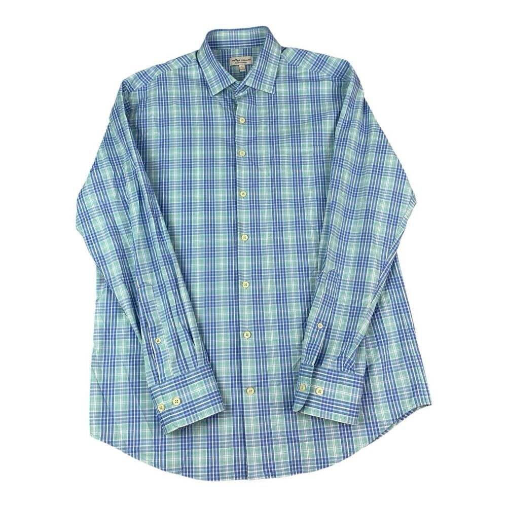 Peter Millar Long Sleeve Shirt, Summer Comfort, Blue & Green Plaid, Men’s Size L